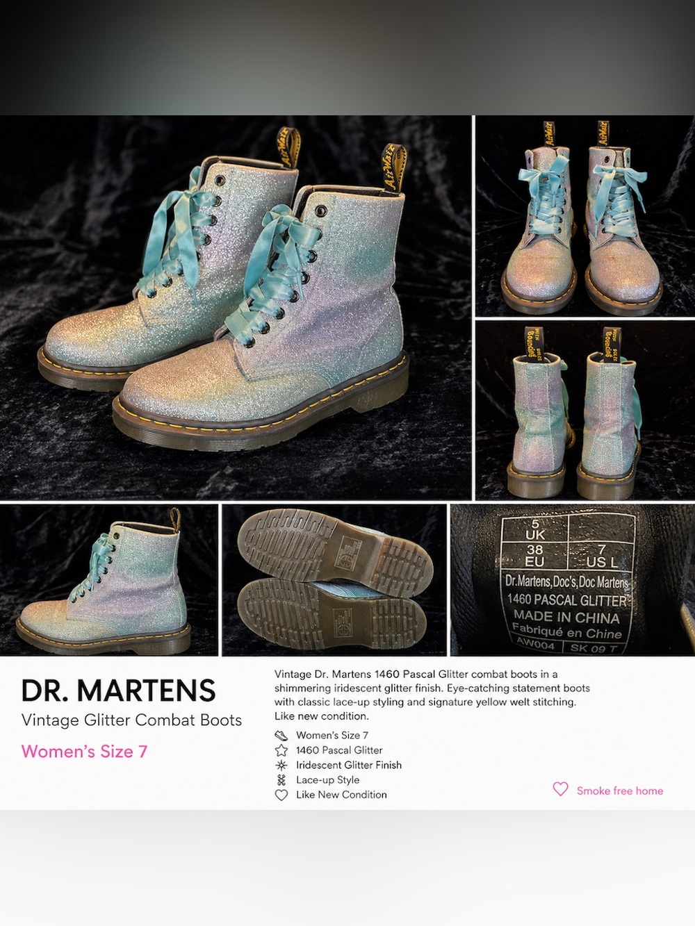 Dr. Martens Iridescent Glitter Combat Boots - Light Blue/Pink/Purple